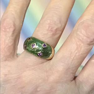 Vintage 10K‎ Gold Green Enamel and Amethyst Ring